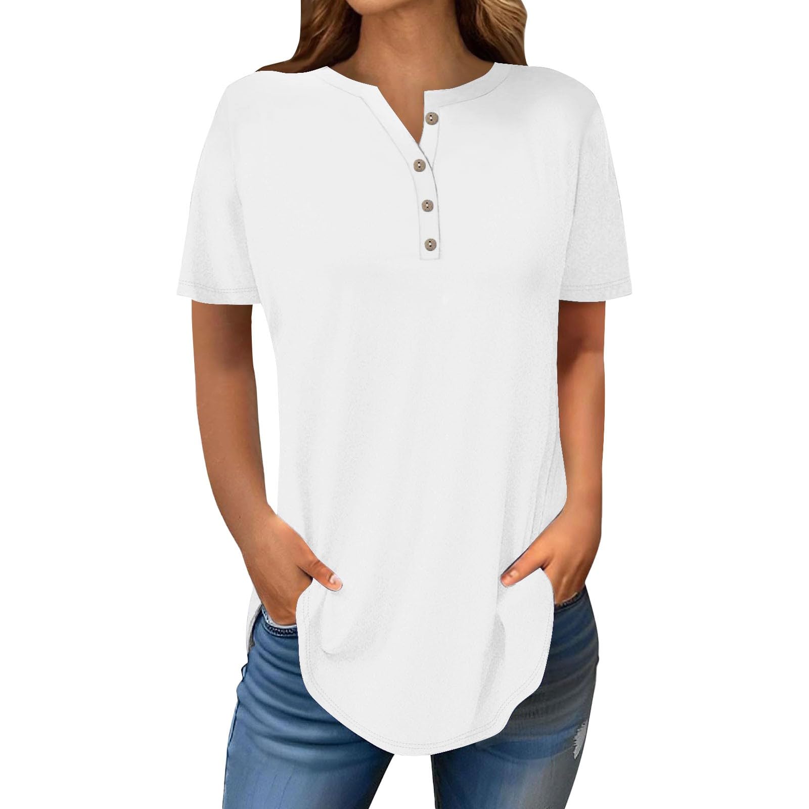 Henley Shirts for Women Buttons Round Neck Boho T-Shirts Short Sleeve Fancy Floral Print Tunic Tops Summer Loose Tees