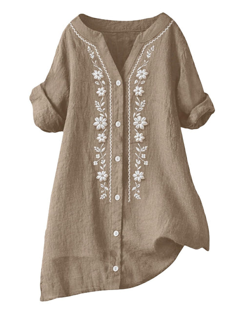 Load image into Gallery viewer, Linen Shirts for Women - Summer Plus Size Embroidered Tops 3/4 Sleeve V Neck Button Blouses Beach Vacation Clothes
