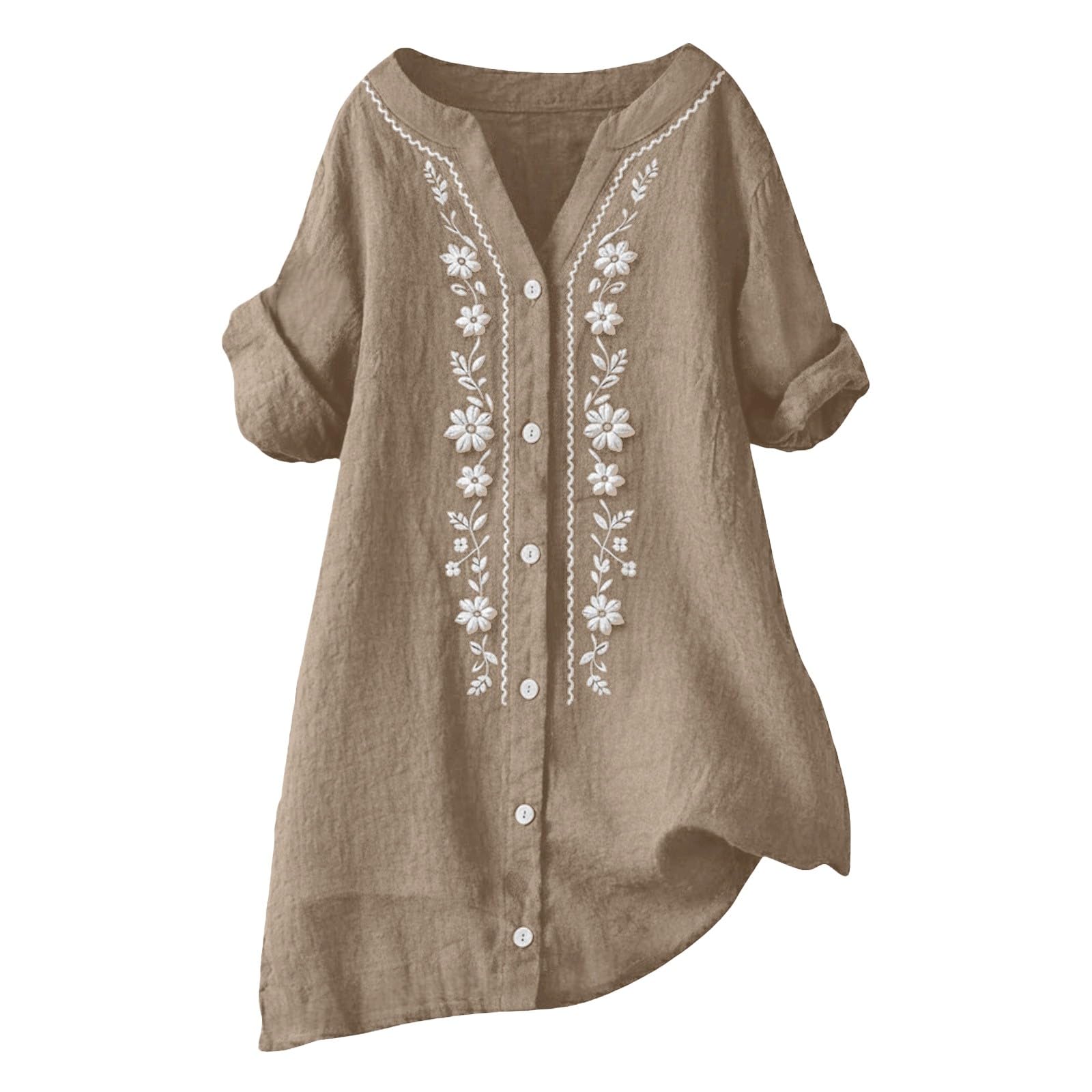 Linen Shirts for Women - Summer Plus Size Embroidered Tops 3/4 Sleeve V Neck Button Blouses Beach Vacation Clothes