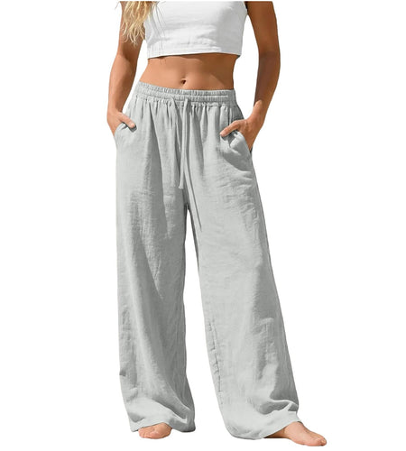 Linen Pants for Women - Wide Leg Elastic High Waist Casual Cotton Linen Pants Drawstring Plus Size Loose Trouser