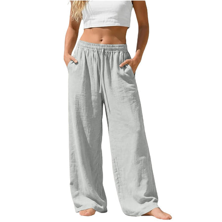 Linen Pants for Women - Wide Leg Elastic High Waist Casual Cotton Linen Pants Drawstring Plus Size Loose Trouser