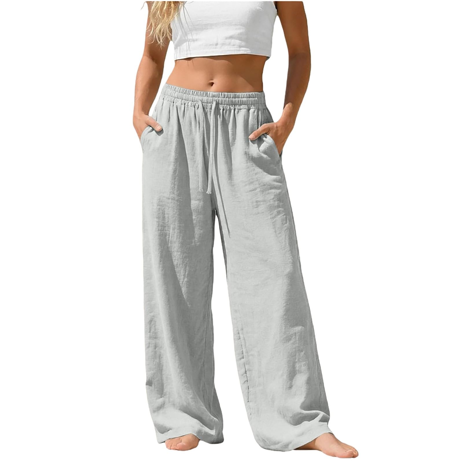 Linen Pants for Women - Wide Leg Elastic High Waist Casual Cotton Linen Pants Drawstring Plus Size Loose Trouser