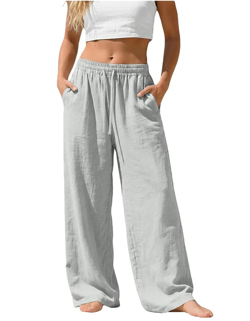 Load image into Gallery viewer, Linen Pants for Women - Wide Leg Elastic High Waist Casual Cotton Linen Pants Drawstring Plus Size Loose Trouser
