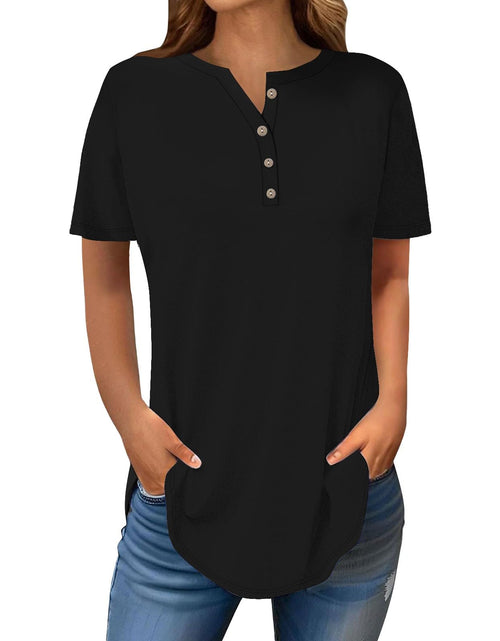 Load image into Gallery viewer, Henley Shirts for Women Buttons Round Neck Boho T-Shirts Short Sleeve Fancy Floral Print Tunic Tops Summer Loose Tees
