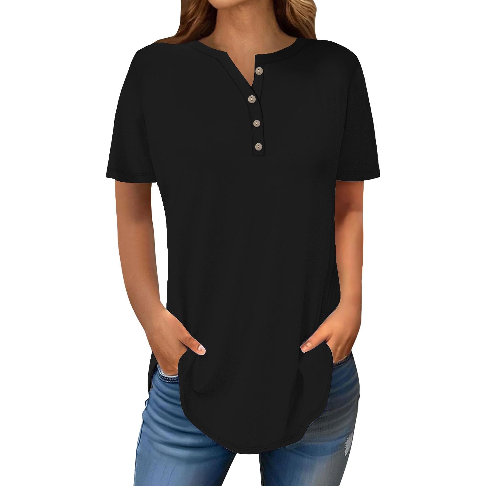 Henley Shirts for Women Buttons Round Neck Boho T-Shirts Short Sleeve Fancy Floral Print Tunic Tops Summer Loose Tees