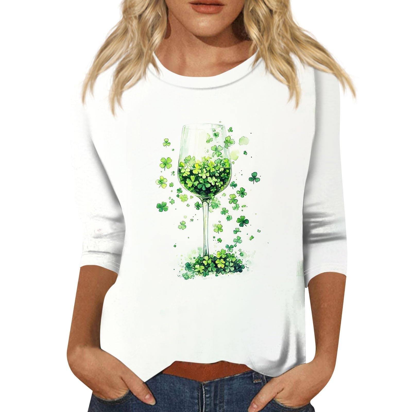 St Patricks Day Shirt Women 2025 Casual Plus Size 3/4 Sleeve Irish Clover Shirts Funny Saint Patrick's Tunic Tops