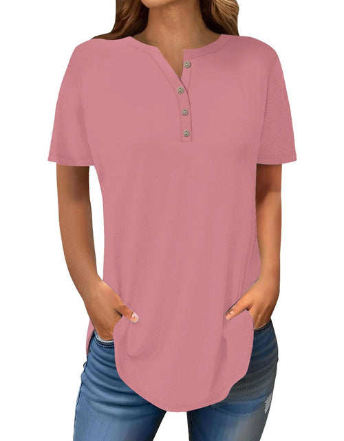 Load image into Gallery viewer, Henley Shirts for Women Buttons Round Neck Boho T-Shirts Short Sleeve Fancy Floral Print Tunic Tops Summer Loose Tees

