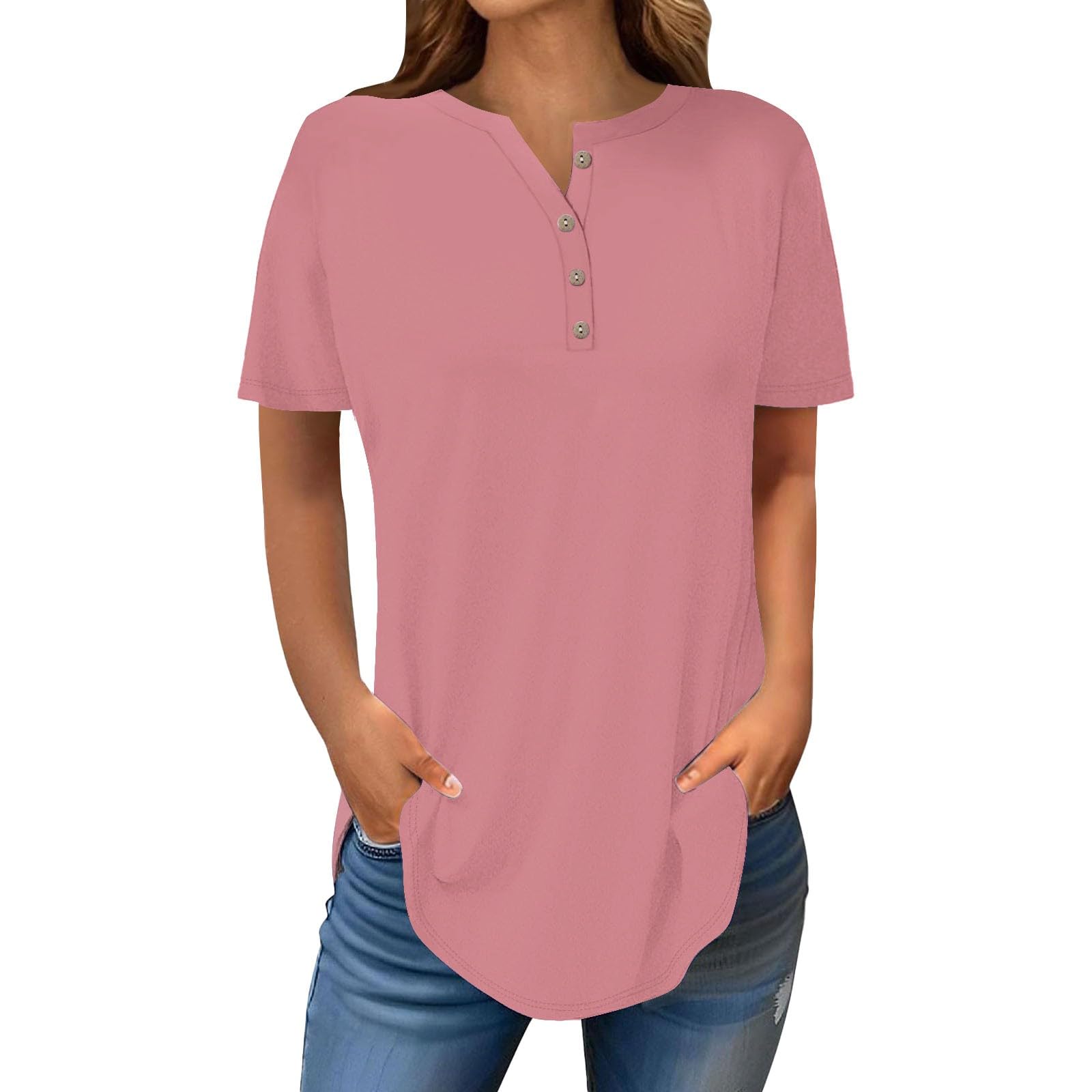 Henley Shirts for Women Buttons Round Neck Boho T-Shirts Short Sleeve Fancy Floral Print Tunic Tops Summer Loose Tees