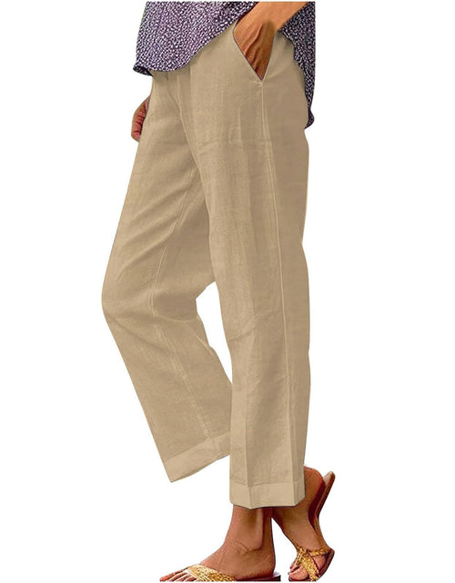 Load image into Gallery viewer, Cotton Linen Pants for Women - Elastic High Waist Straight Leg Cropped Pants Boho Plus Size Wide Leg Casual Trouser
