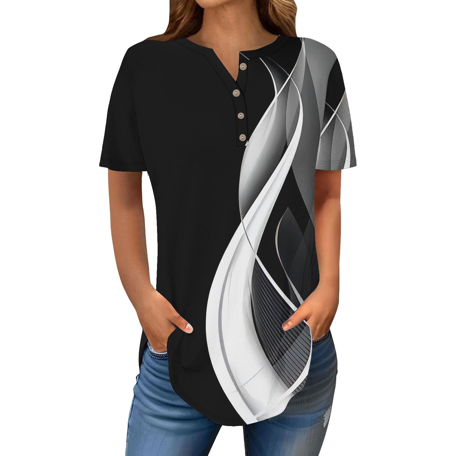 Henley Shirts for Women Buttons Round Neck Boho T-Shirts Short Sleeve Fancy Floral Print Tunic Tops Summer Loose Tees