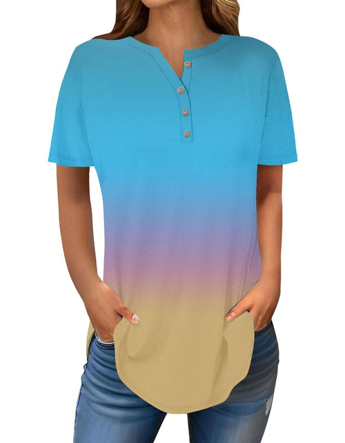 Load image into Gallery viewer, Henley Shirts for Women Buttons Round Neck Boho T-Shirts Short Sleeve Fancy Floral Print Tunic Tops Summer Loose Tees
