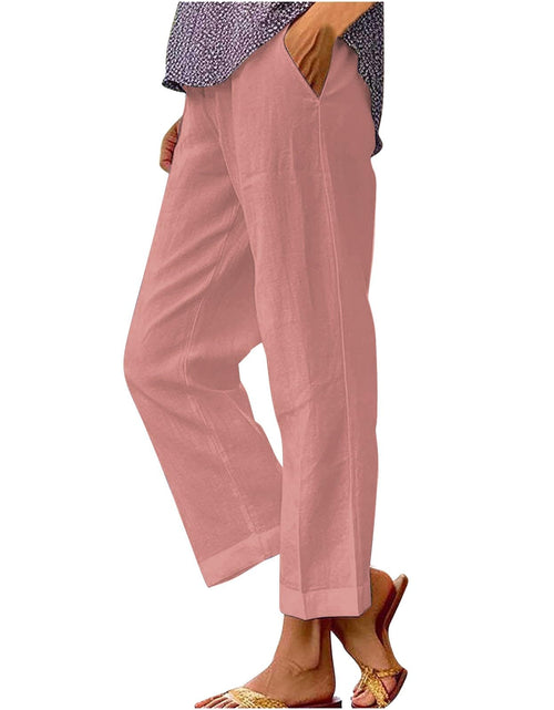 Load image into Gallery viewer, Cotton Linen Pants for Women - Elastic High Waist Straight Leg Cropped Pants Boho Plus Size Wide Leg Casual Trouser
