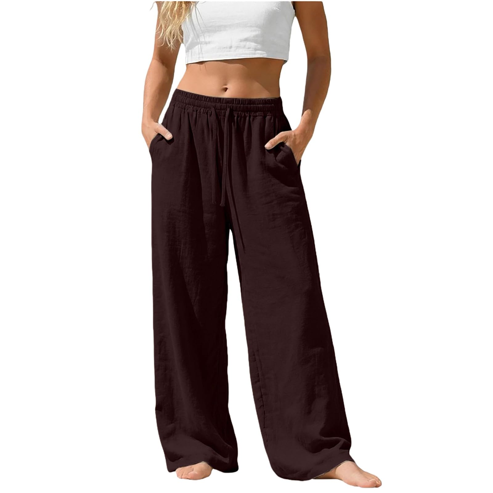 Linen Pants for Women - Wide Leg Elastic High Waist Casual Cotton Linen Pants Drawstring Plus Size Loose Trouser