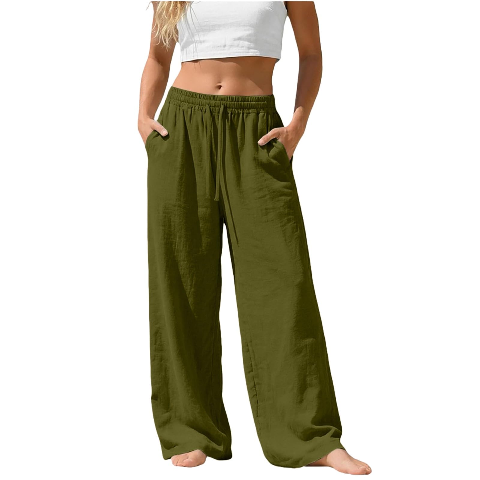 Linen Pants for Women - Wide Leg Elastic High Waist Casual Cotton Linen Pants Drawstring Plus Size Loose Trouser