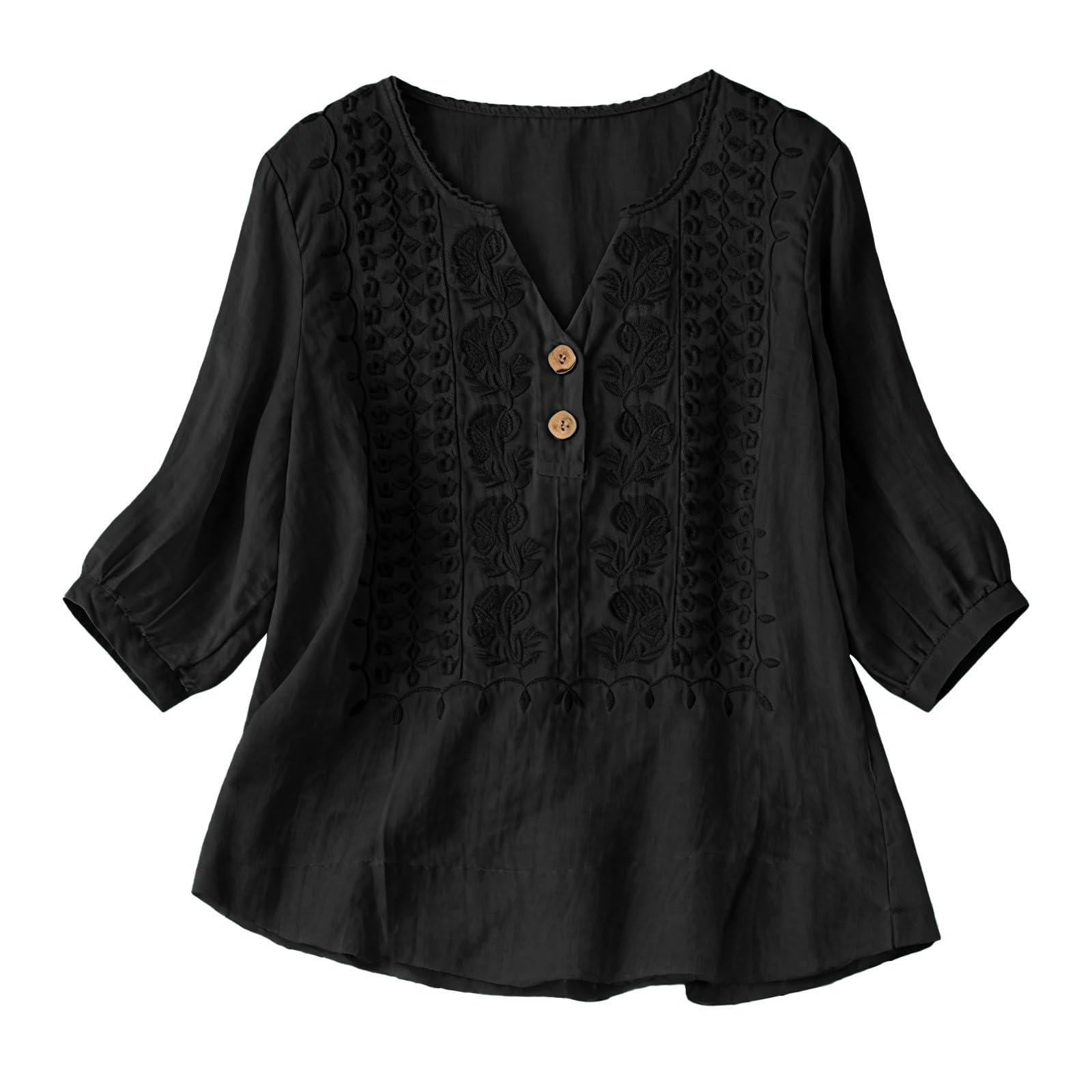 Embroidered Linen Shirts for Women 3/4 Sleeve Gauze V Neck Blouses Tops Casual Spring Summer Boho Cotton Clothes