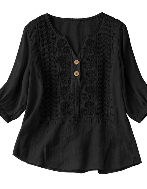 Load image into Gallery viewer, Embroidered Linen Shirts for Women 3/4 Sleeve Gauze V Neck Blouses Tops Casual Spring Summer Boho Cotton Clothes
