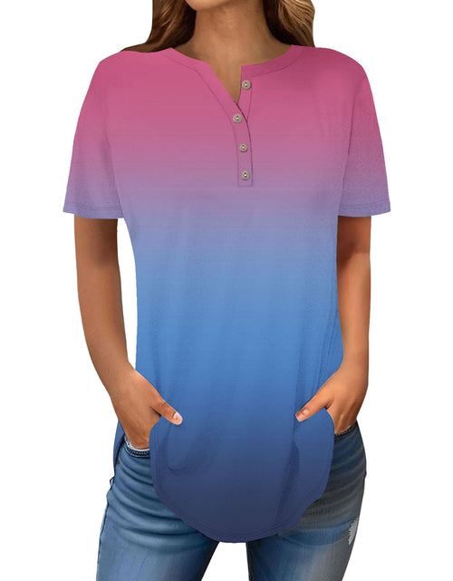 Load image into Gallery viewer, Henley Shirts for Women Buttons Round Neck Boho T-Shirts Short Sleeve Fancy Floral Print Tunic Tops Summer Loose Tees
