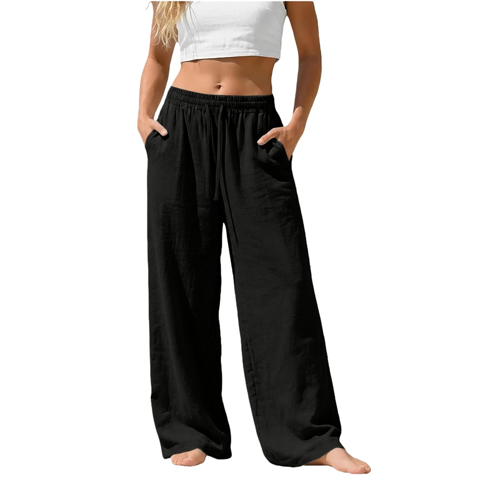 Linen Pants for Women - Wide Leg Elastic High Waist Casual Cotton Linen Pants Drawstring Plus Size Loose Trouser