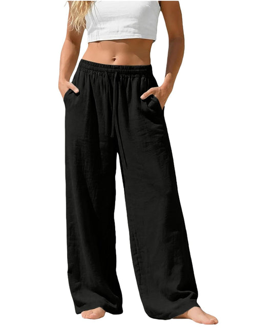 Load image into Gallery viewer, Linen Pants for Women - Wide Leg Elastic High Waist Casual Cotton Linen Pants Drawstring Plus Size Loose Trouser
