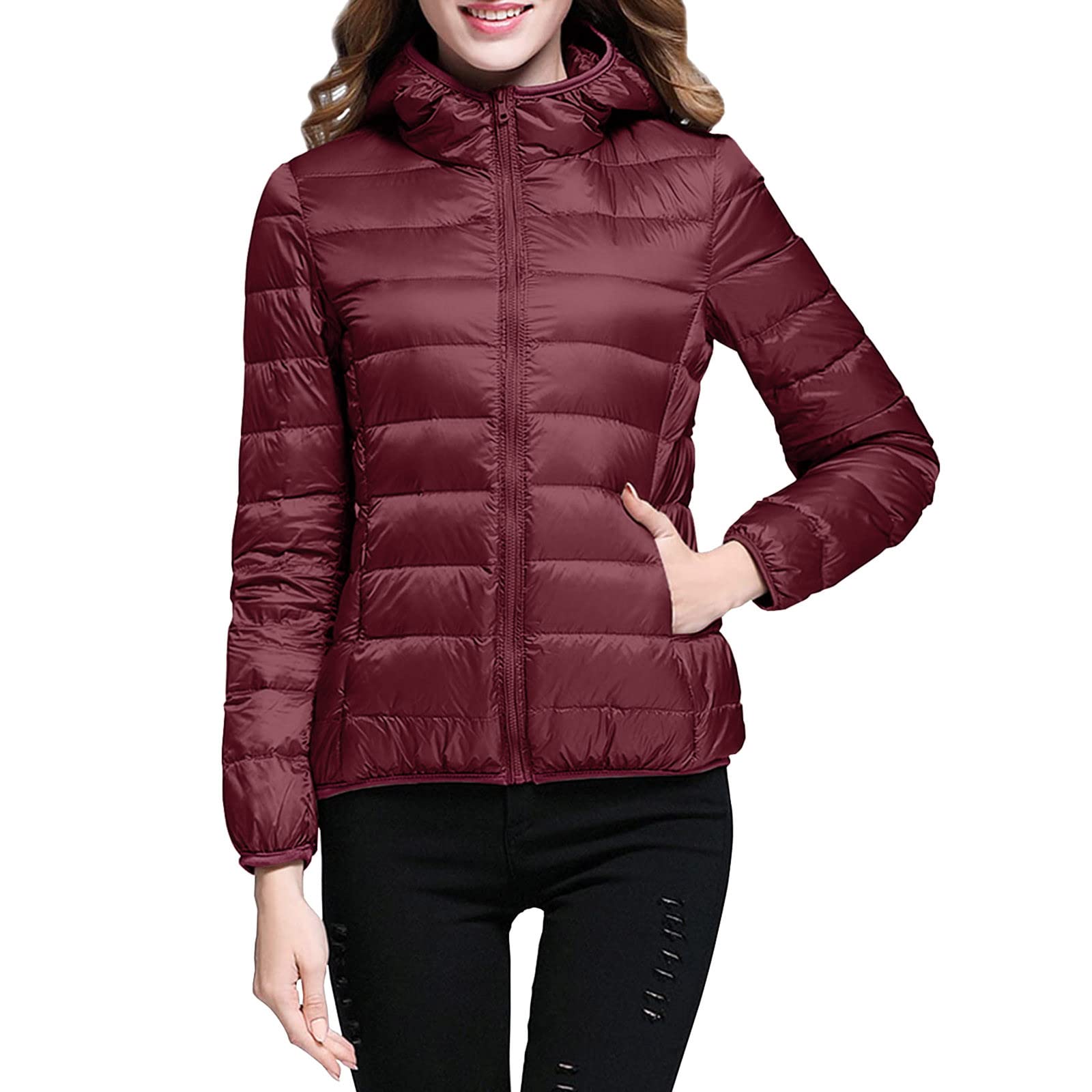 Lightweight Jacket for Women Short Button Down Hooded Jackets Trendy Slim Fit Bubble Coat Winter Warm Puffer Outwear