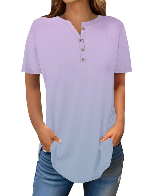 Load image into Gallery viewer, Henley Shirts for Women Buttons Round Neck Boho T-Shirts Short Sleeve Fancy Floral Print Tunic Tops Summer Loose Tees
