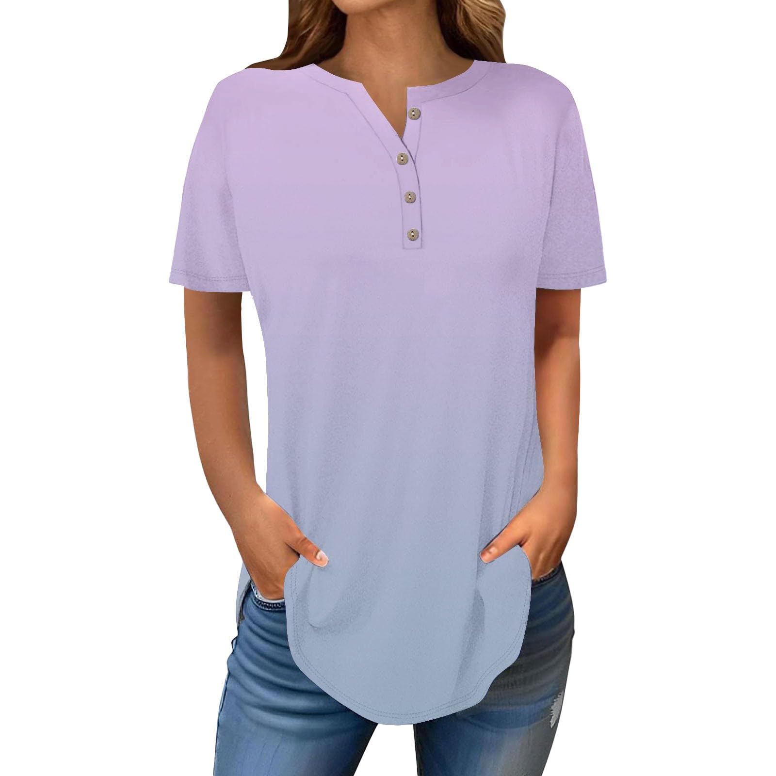 Henley Shirts for Women Buttons Round Neck Boho T-Shirts Short Sleeve Fancy Floral Print Tunic Tops Summer Loose Tees