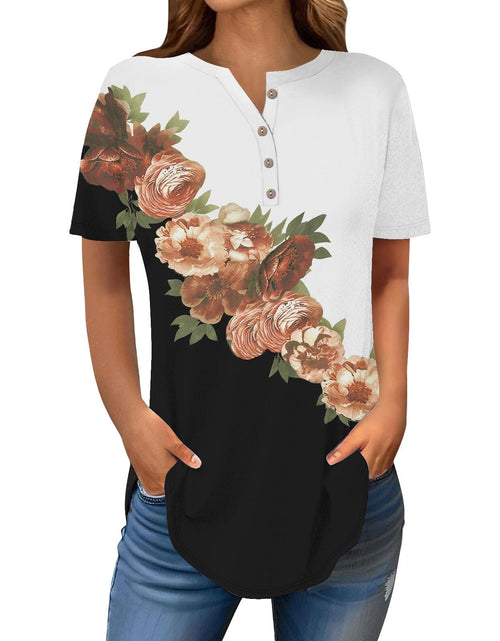 Load image into Gallery viewer, Henley Shirts for Women Buttons Round Neck Boho T-Shirts Short Sleeve Fancy Floral Print Tunic Tops Summer Loose Tees
