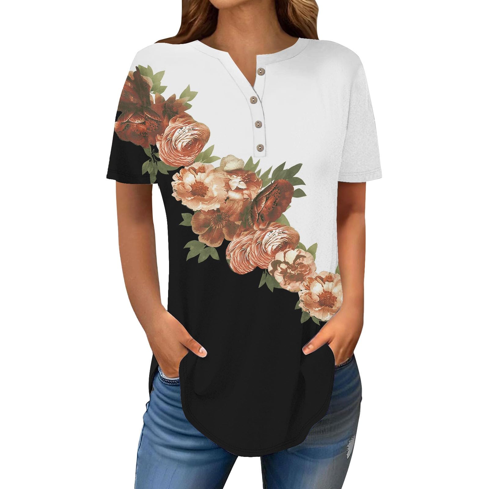 Henley Shirts for Women Buttons Round Neck Boho T-Shirts Short Sleeve Fancy Floral Print Tunic Tops Summer Loose Tees