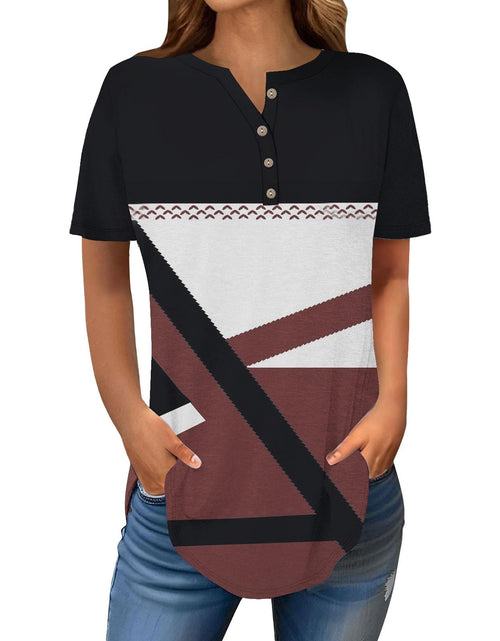 Load image into Gallery viewer, Henley Shirts for Women Buttons Round Neck Boho T-Shirts Short Sleeve Fancy Floral Print Tunic Tops Summer Loose Tees
