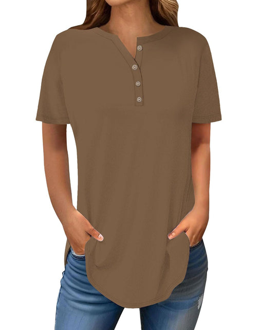 Load image into Gallery viewer, Henley Shirts for Women Buttons Round Neck Boho T-Shirts Short Sleeve Fancy Floral Print Tunic Tops Summer Loose Tees
