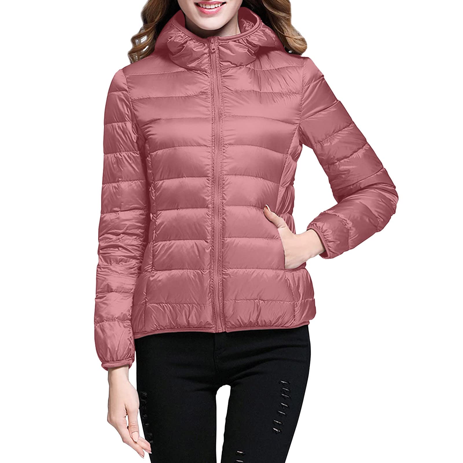 Lightweight Jacket for Women Short Button Down Hooded Jackets Trendy Slim Fit Bubble Coat Winter Warm Puffer Outwear