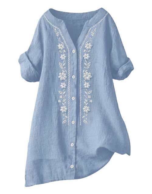 Load image into Gallery viewer, Linen Shirts for Women - Summer Plus Size Embroidered Tops 3/4 Sleeve V Neck Button Blouses Beach Vacation Clothes
