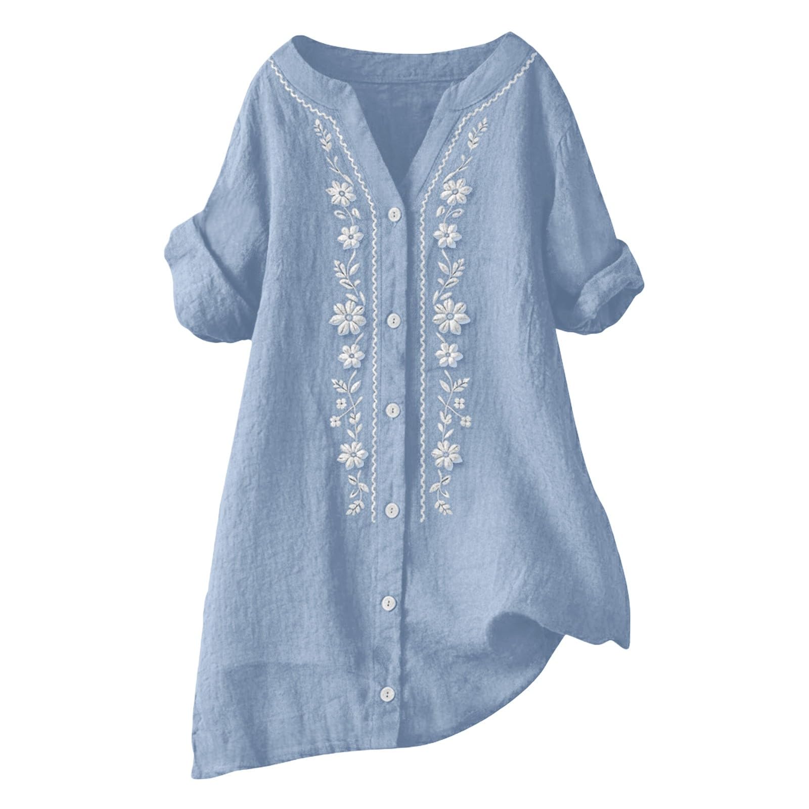 Linen Shirts for Women - Summer Plus Size Embroidered Tops 3/4 Sleeve V Neck Button Blouses Beach Vacation Clothes