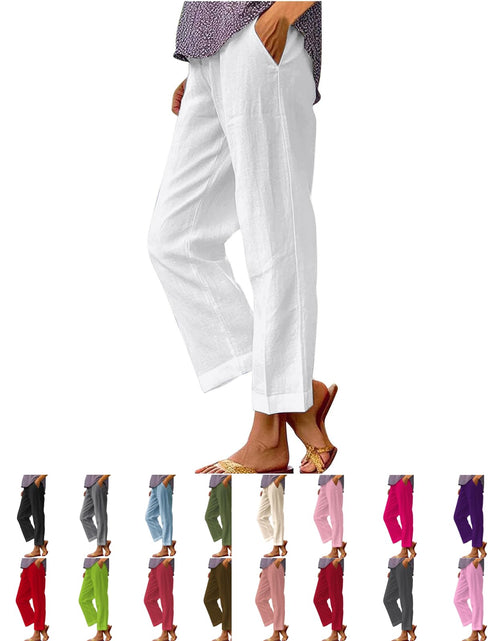 Load image into Gallery viewer, Cotton Linen Pants for Women - Elastic High Waist Straight Leg Cropped Pants Boho Plus Size Wide Leg Casual Trouser
