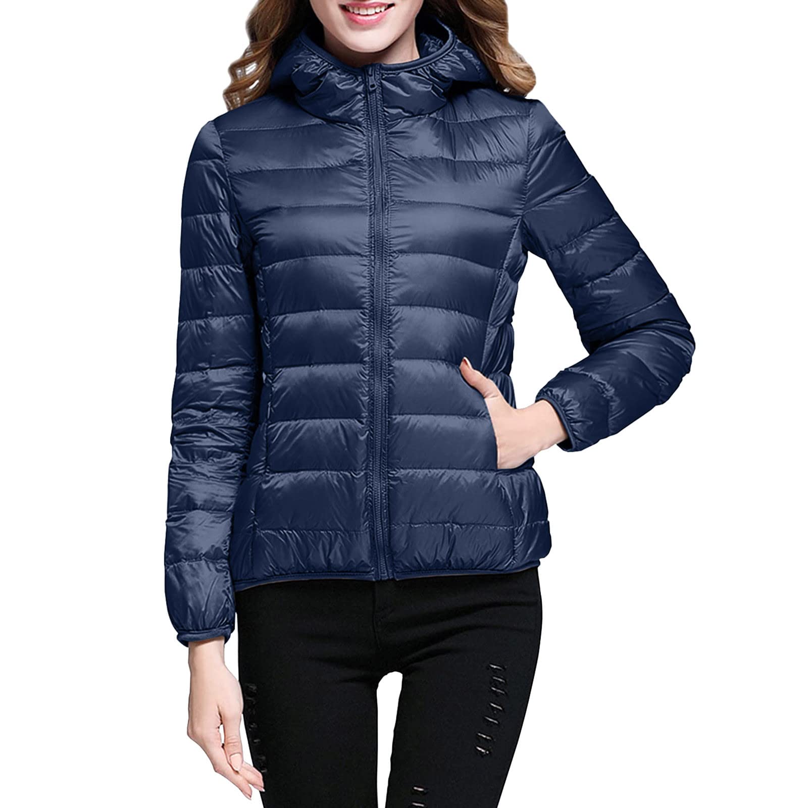 Lightweight Jacket for Women Short Button Down Hooded Jackets Trendy Slim Fit Bubble Coat Winter Warm Puffer Outwear