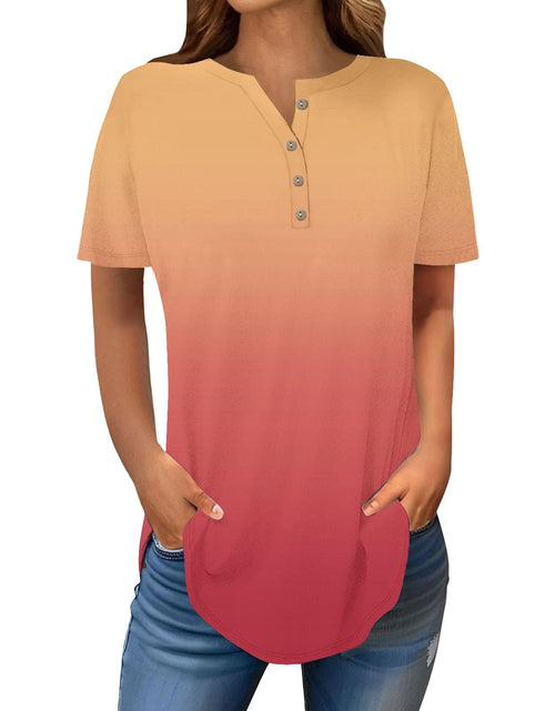 Load image into Gallery viewer, Henley Shirts for Women Buttons Round Neck Boho T-Shirts Short Sleeve Fancy Floral Print Tunic Tops Summer Loose Tees

