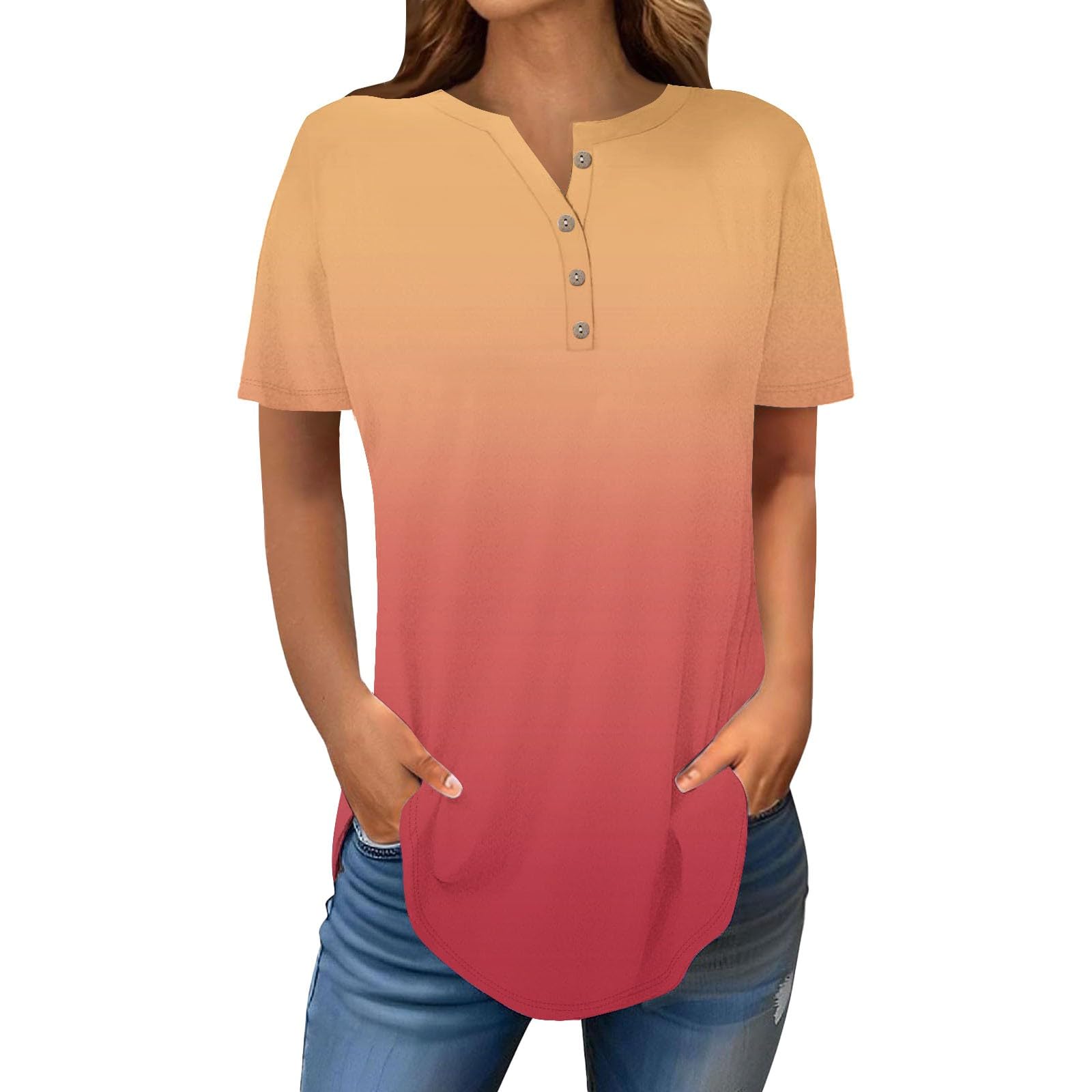 Henley Shirts for Women Buttons Round Neck Boho T-Shirts Short Sleeve Fancy Floral Print Tunic Tops Summer Loose Tees