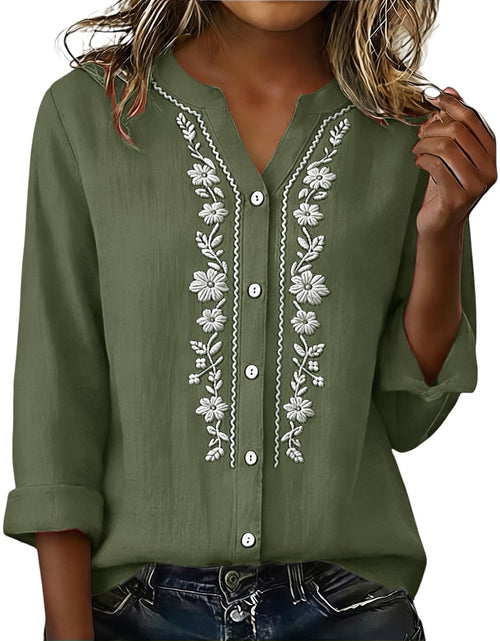 Load image into Gallery viewer, Linen Shirts for Women - Summer Plus Size Embroidered Tops 3/4 Sleeve V Neck Button Blouses Beach Vacation Clothes
