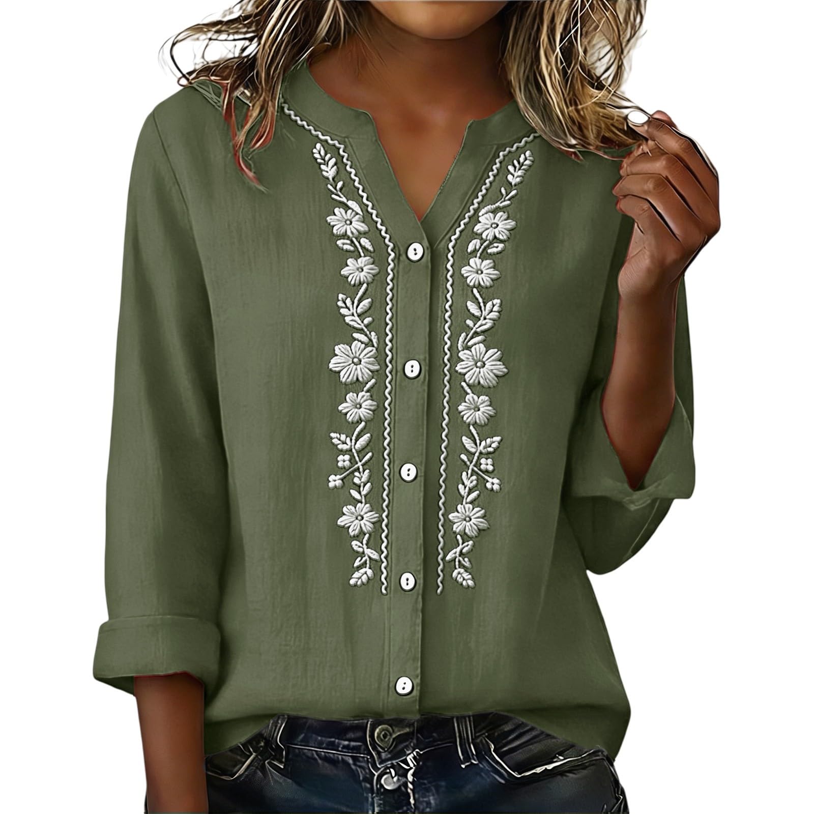 Linen Shirts for Women - Summer Plus Size Embroidered Tops 3/4 Sleeve V Neck Button Blouses Beach Vacation Clothes