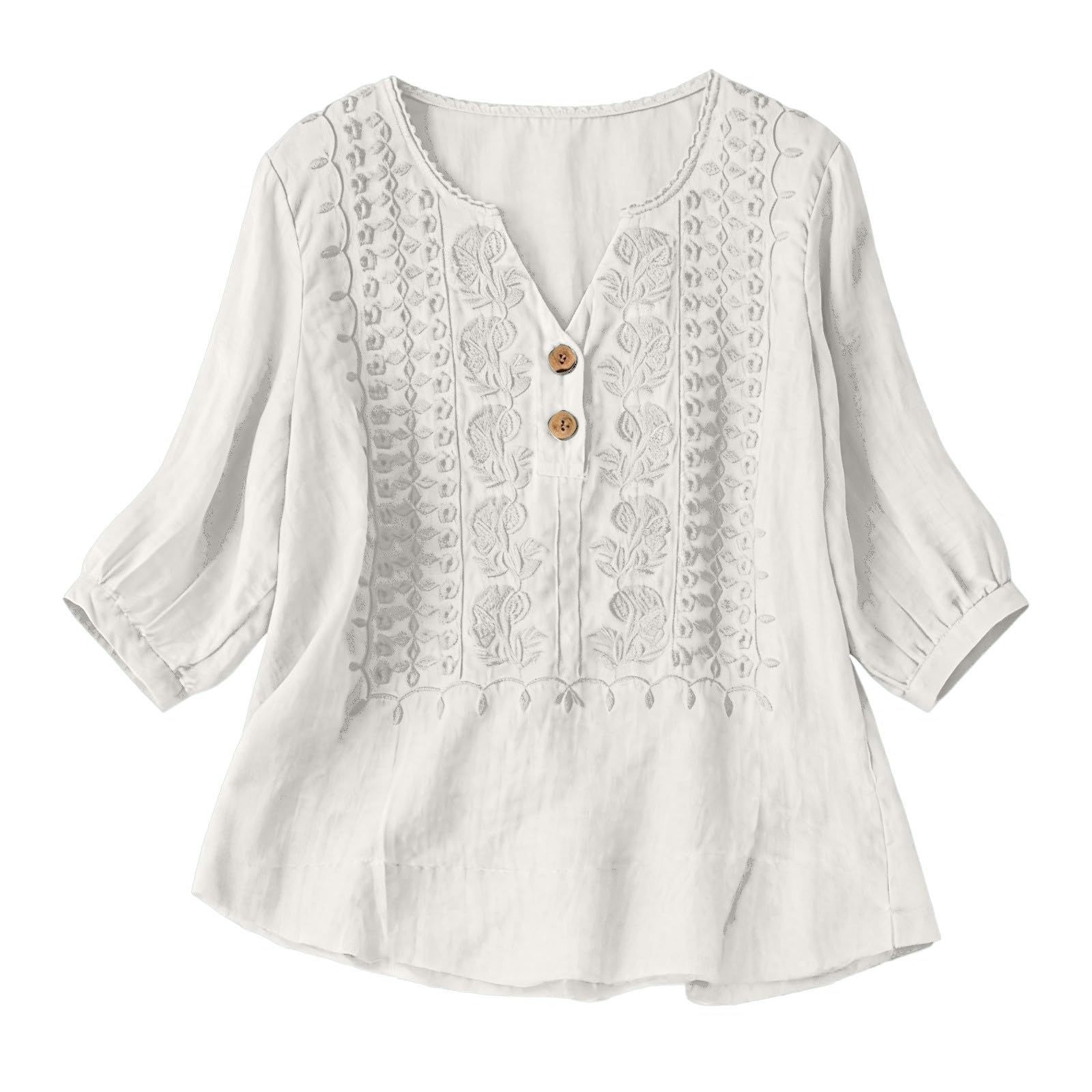 Embroidered Linen Shirts for Women 3/4 Sleeve Gauze V Neck Blouses Tops Casual Spring Summer Boho Cotton Clothes
