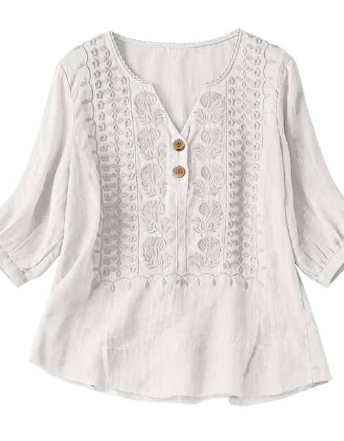 Load image into Gallery viewer, Embroidered Linen Shirts for Women 3/4 Sleeve Gauze V Neck Blouses Tops Casual Spring Summer Boho Cotton Clothes
