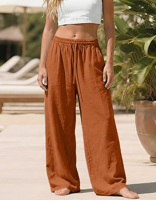Load image into Gallery viewer, Linen Pants for Women - Wide Leg Elastic High Waist Casual Cotton Linen Pants Drawstring Plus Size Loose Trouser
