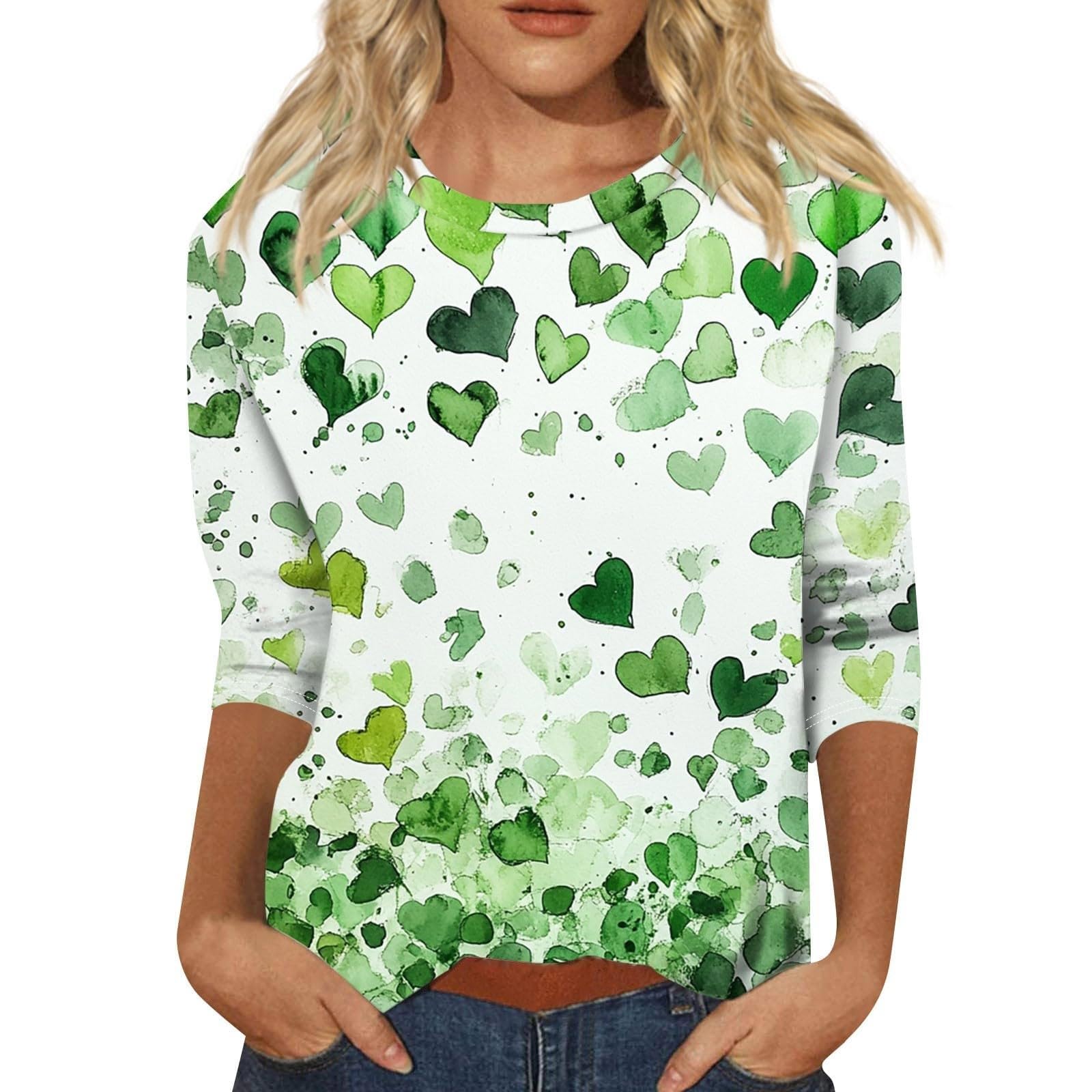 St Patricks Day Shirt Women 2025 Casual Plus Size 3/4 Sleeve Irish Clover Shirts Funny Saint Patrick's Tunic Tops