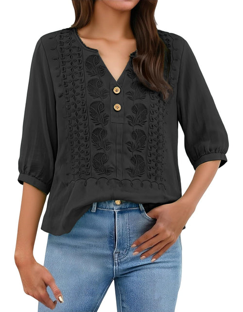 Load image into Gallery viewer, Embroidered Linen Shirts for Women 3/4 Sleeve Gauze V Neck Blouses Tops Casual Spring Summer Boho Cotton Clothes
