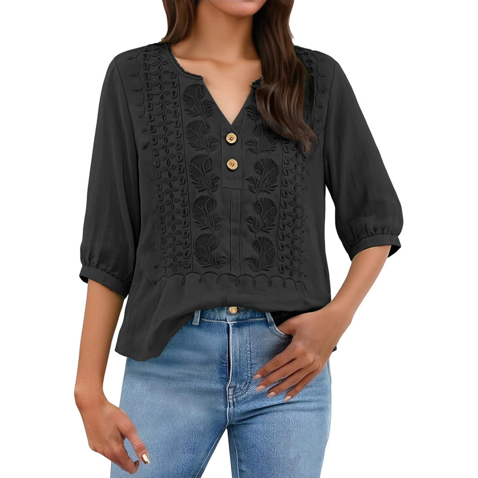 Embroidered Linen Shirts for Women 3/4 Sleeve Gauze V Neck Blouses Tops Casual Spring Summer Boho Cotton Clothes