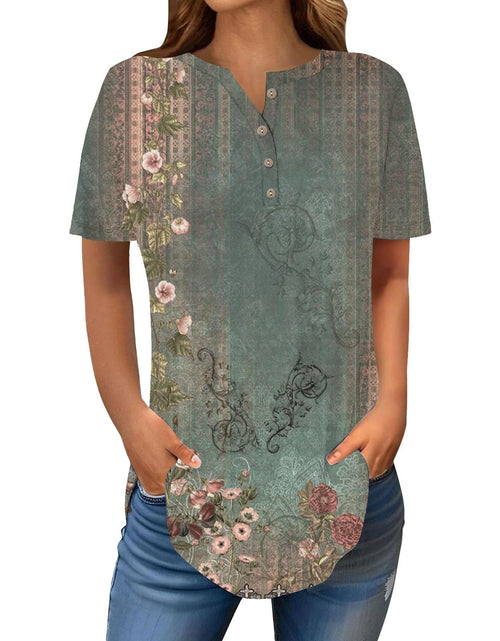 Load image into Gallery viewer, Henley Shirts for Women Buttons Round Neck Boho T-Shirts Short Sleeve Fancy Floral Print Tunic Tops Summer Loose Tees
