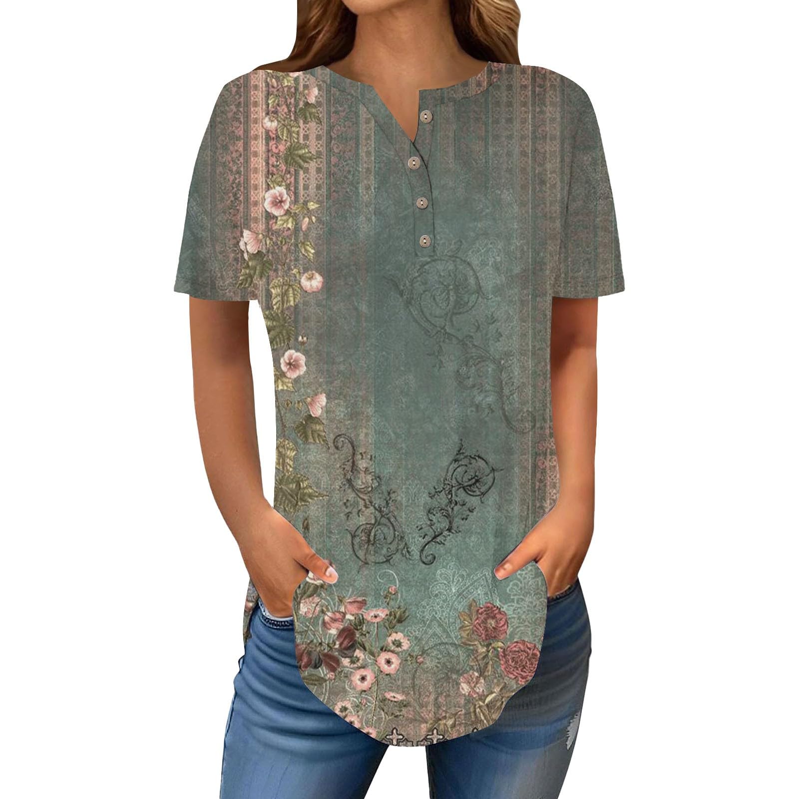 Henley Shirts for Women Buttons Round Neck Boho T-Shirts Short Sleeve Fancy Floral Print Tunic Tops Summer Loose Tees