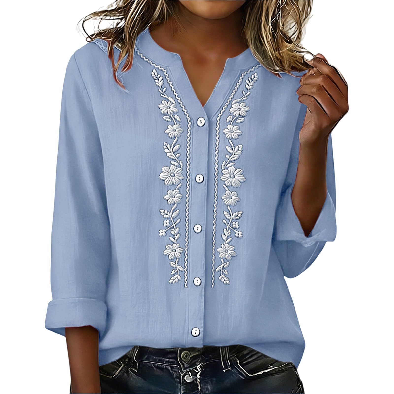 Linen Shirts for Women - Summer Plus Size Embroidered Tops 3/4 Sleeve V Neck Button Blouses Beach Vacation Clothes