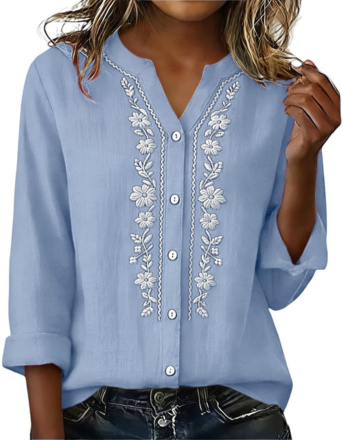 Load image into Gallery viewer, Linen Shirts for Women - Summer Plus Size Embroidered Tops 3/4 Sleeve V Neck Button Blouses Beach Vacation Clothes
