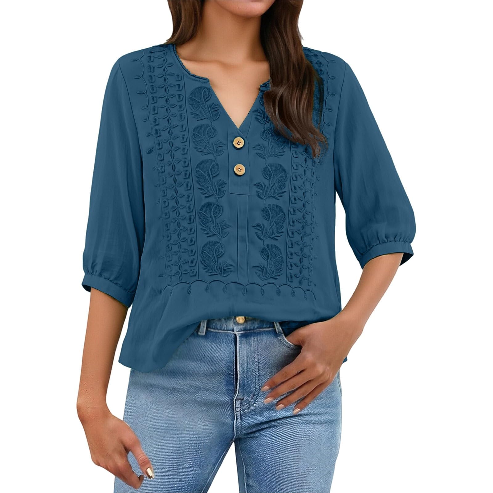 Embroidered Linen Shirts for Women 3/4 Sleeve Gauze V Neck Blouses Tops Casual Spring Summer Boho Cotton Clothes